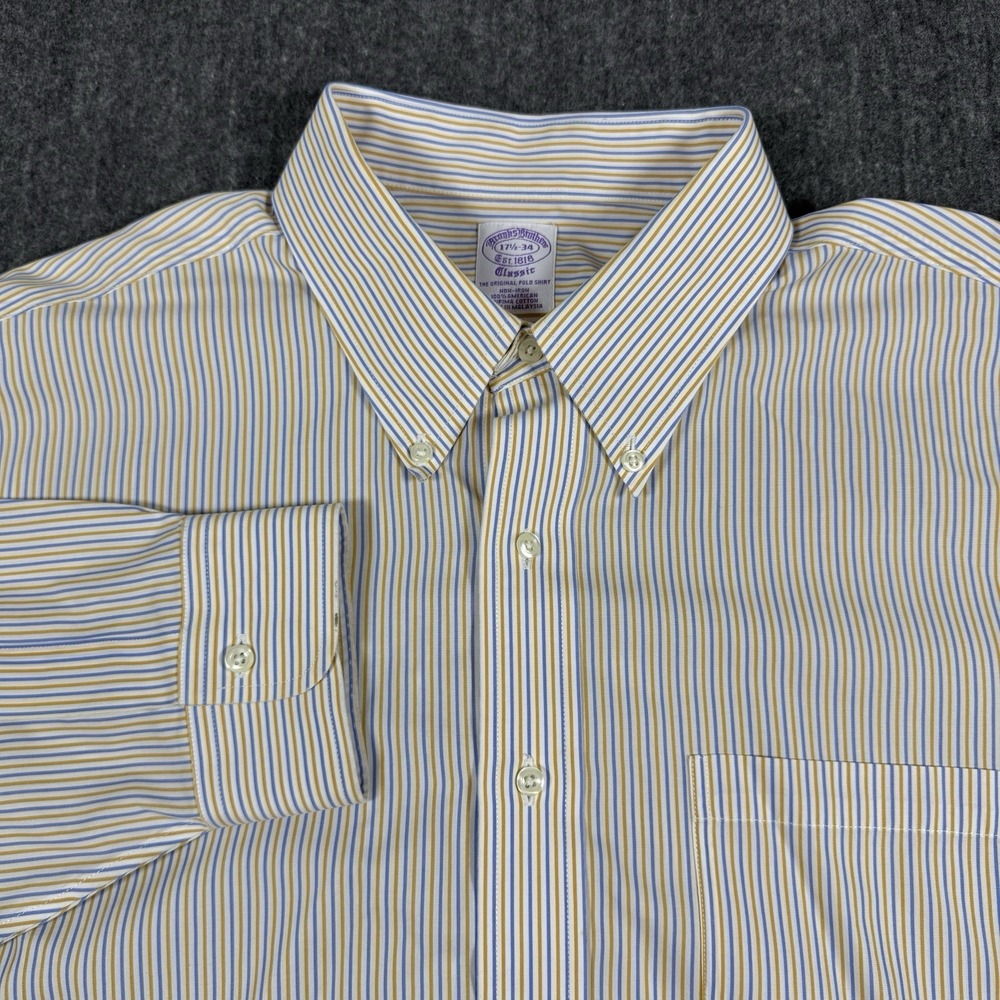 Brooks Brothers Mens 17.5 34 Classic Oxford Shirt Blue Yellow Stripe Cotton